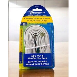 Southwestern Bell Telephone Fineline Cord Cable w/Plugs 50ft S60178 White New